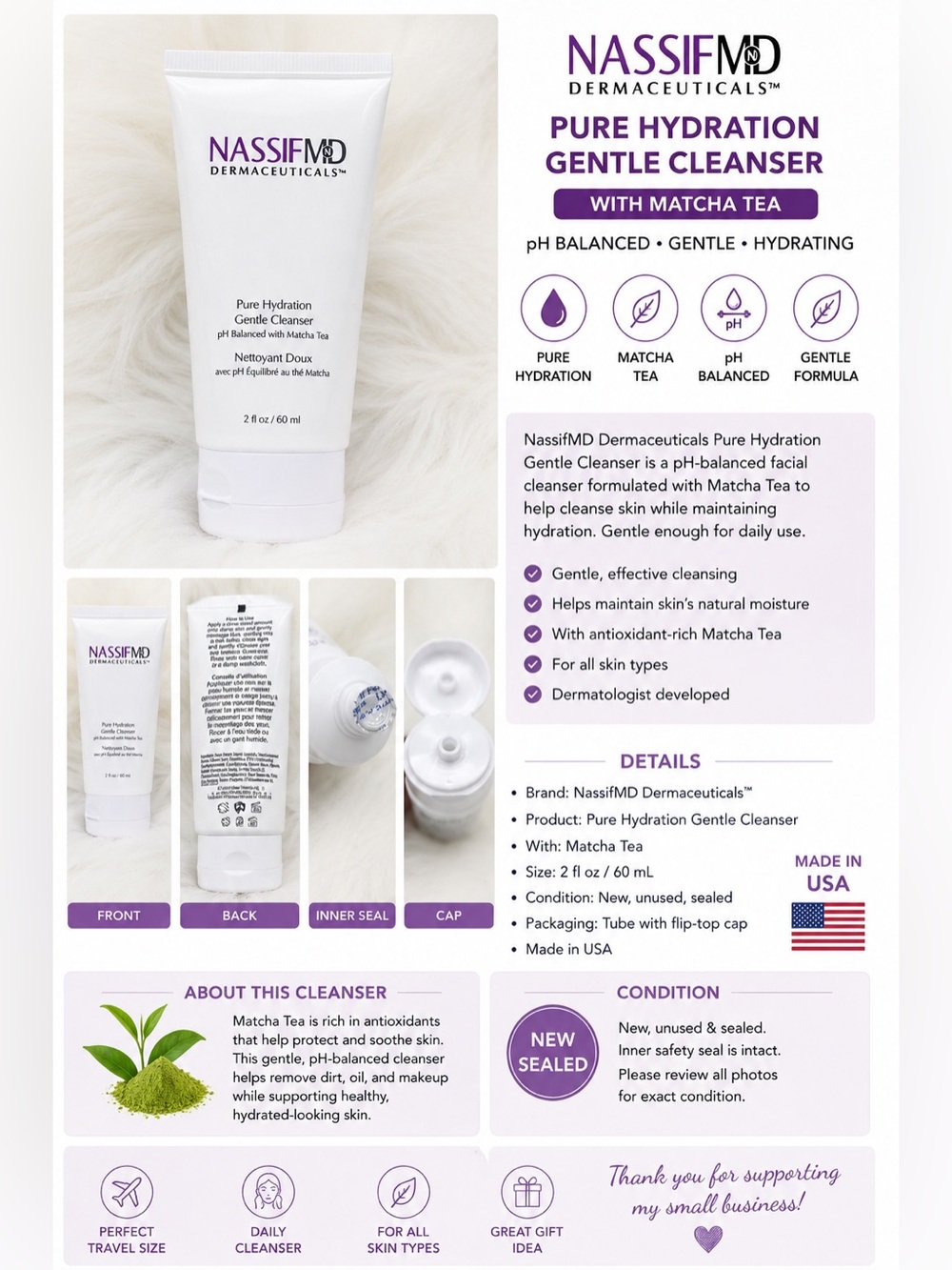 NassifMD Pure Hydration Gentle Cleanser Matcha Tea 2 oz 60 mL NEW SEALED